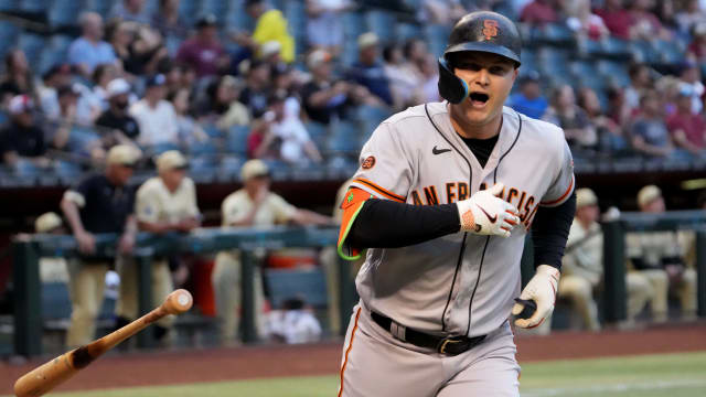 May 12, 2023; Phoenix, Arizona, USA; San Francisco Giants designated hitter Joc Pederson (23) flips his bat after hitting a two run home run against the Arizona Diamondbacks during the first inning at Chase Field. Mandatory Credit: Joe Camporeale-USA TODAY Sports